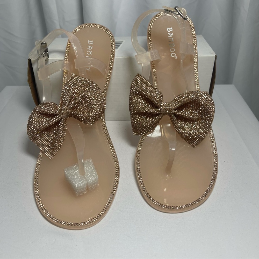 BAMBOO nude jelly flat sandals rhinestone bows 11